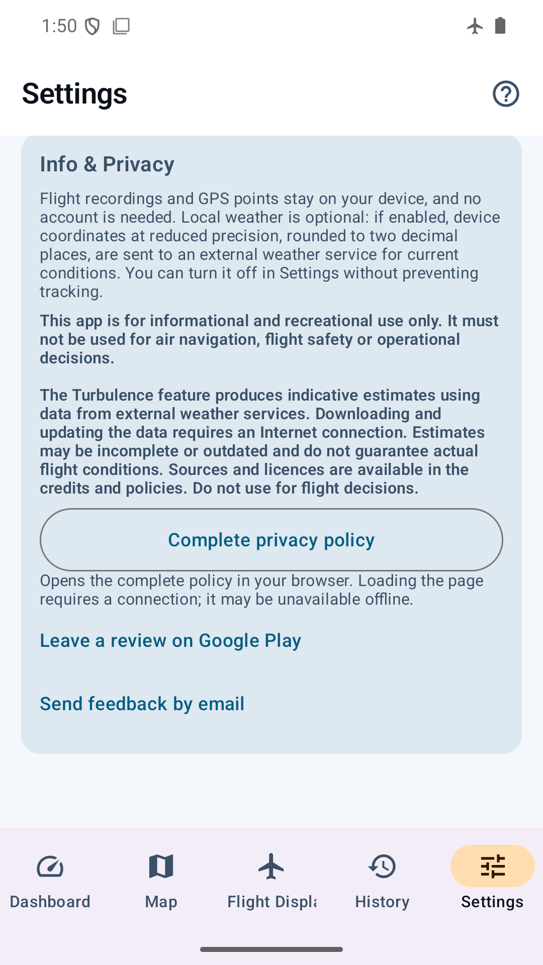 SteadySky — Information and privacy in Settings