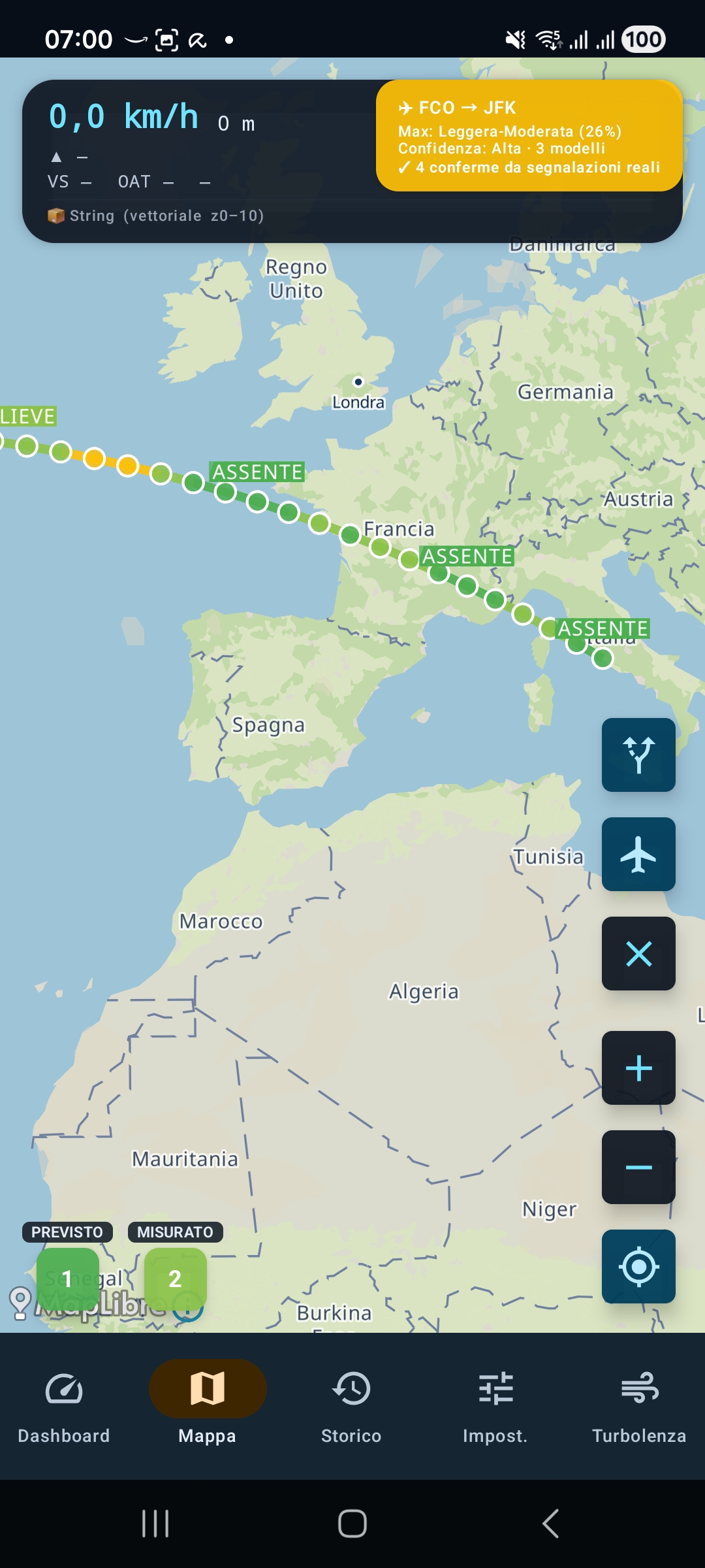 SteadySky route map with turbulence forecast overlay